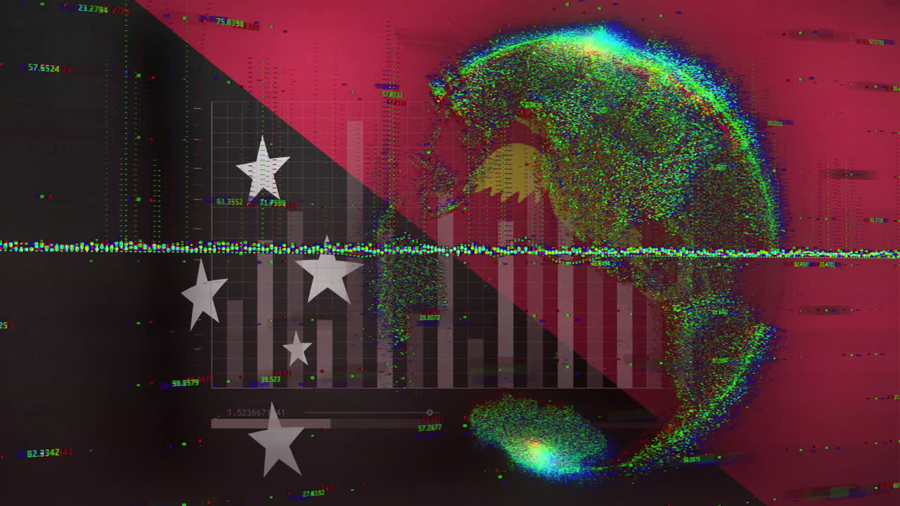 Abstract pixelated globe floating over glitch-art bar chart with floating stars and artifact line