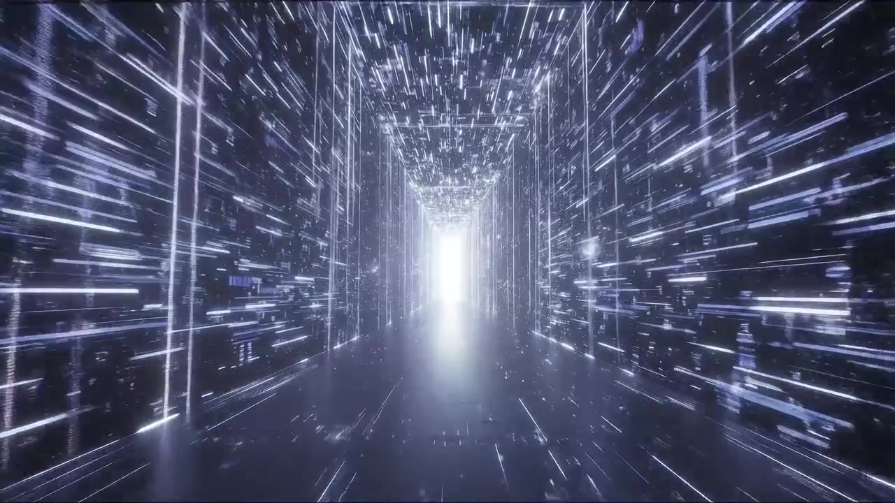 Flying Through a Futuristic Digital Data Tunnel with Bright Light