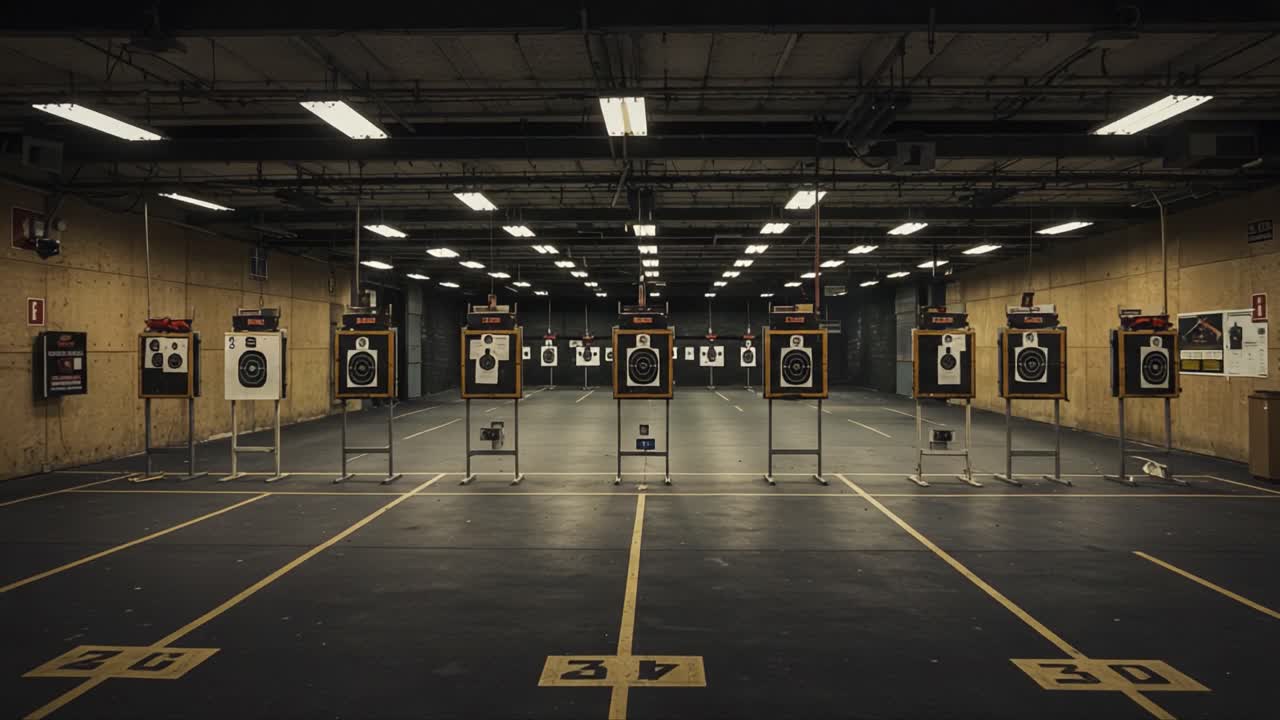A Spacious Indoor Shooting Range Featuring Multiple Targets Set Up for Practice and Marksmanship Training with Clear Distinction Between Each Shooting Lane