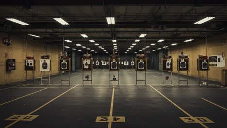 a spacious indoor shooting range featuring multiple targets set up for practice and marksmanship training with clear distinction between each shooting lane