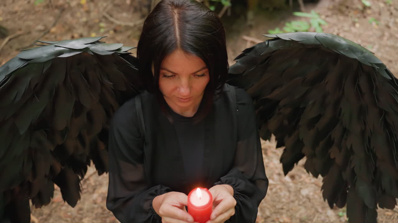 Top view of woman dressed in black with large black wings holding glowing red candle during forest ritual surrounded by other candles, expressing dark mysticism