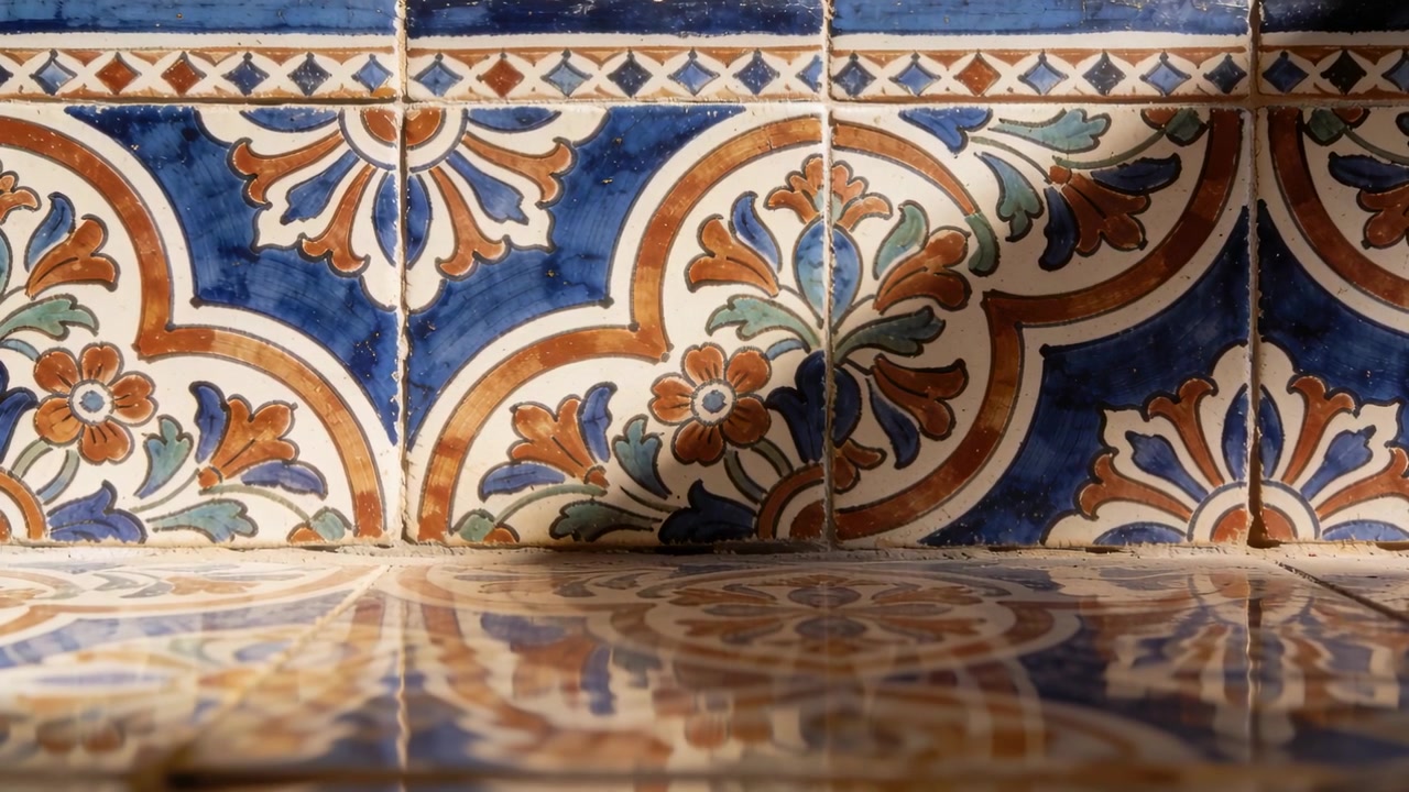 L'angolo del sole che cambia proietta un'ombra sul rialzo in ceramica e sul gradino piastrellato lucido all'ingresso, riflettendo.