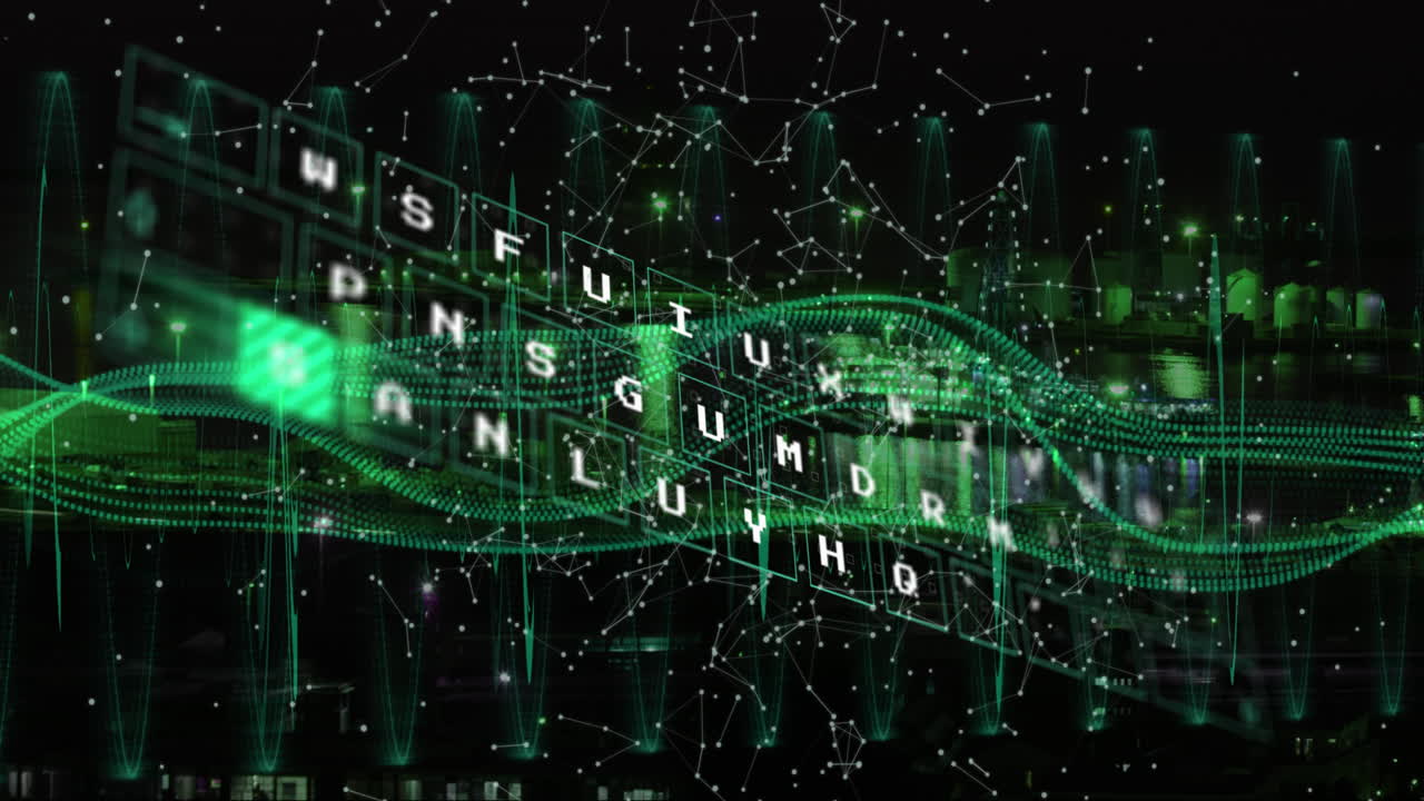 검은색 배경에 글자와 녹색 파동의 애니메이션