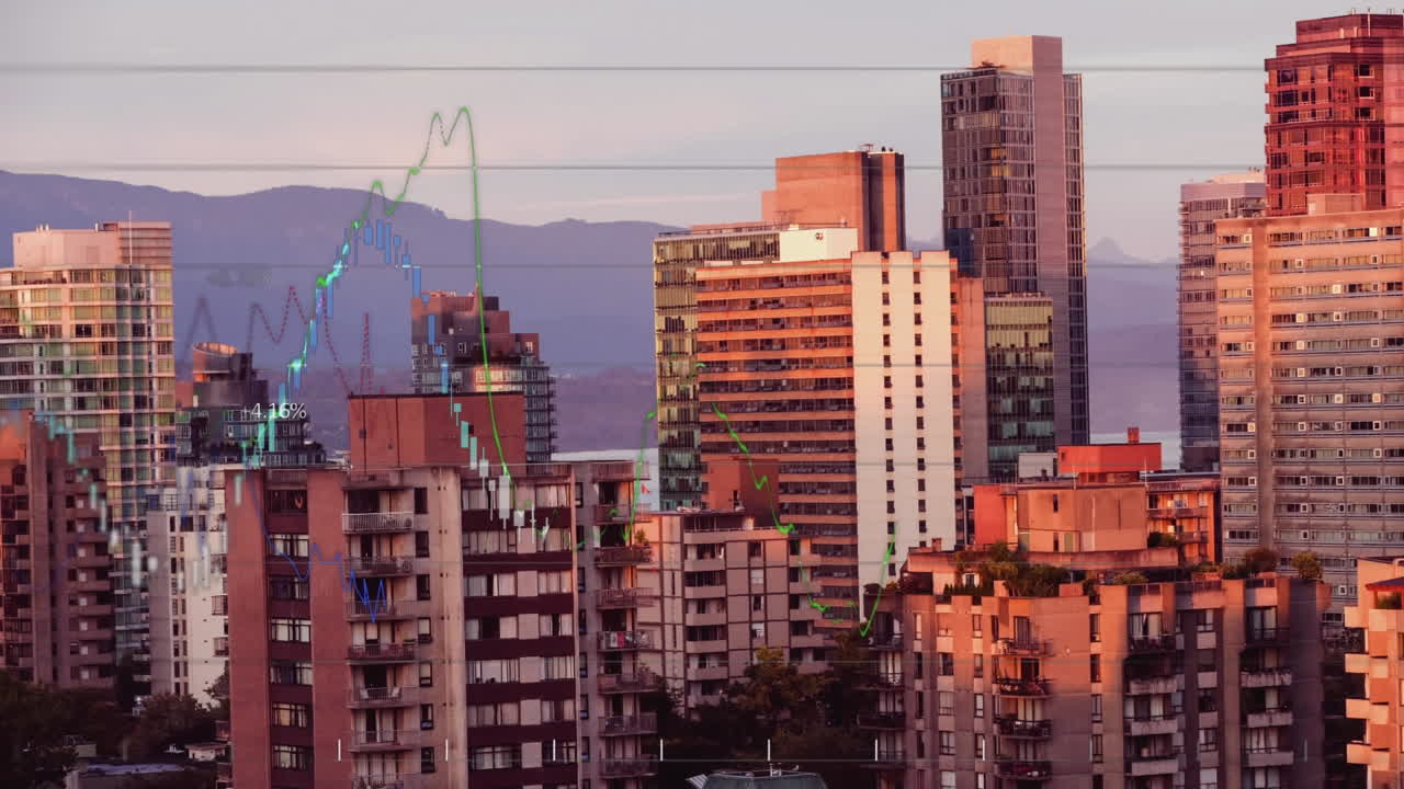 animación del procesamiento de datos financieros sobre el paisaje urbano