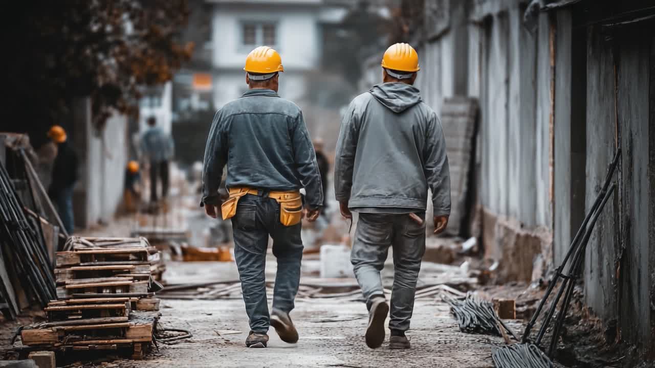 Two Construction Workers with Hard Hats Walk Down a Busy Job Site, Emphasizing Teamwork, Labor, and the Everyday Life of Construction Professionals