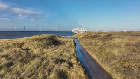 aerial shot flying over a path through the dunes towards the eastern scheldt storm surge barrier in zeeland, the netherlands, on a beautiful sunny day