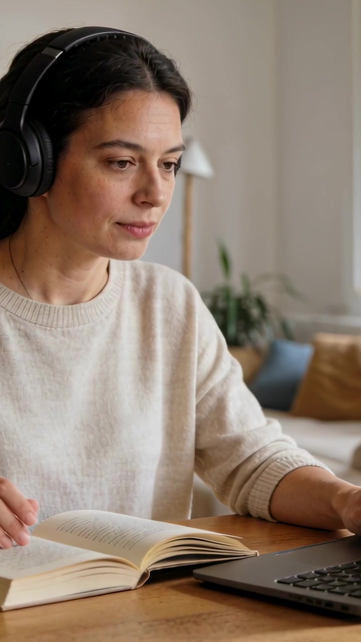 Vídeo vertical: Virando página, mulher de tricô e fone de ouvido desviando o olhar para o laptop, estudando em casa.
