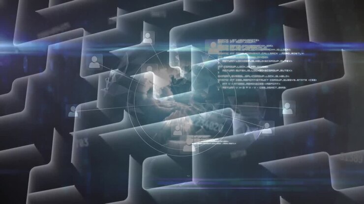 Animation of data processing and globe with network of connections over maze
