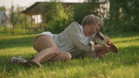 dog owner and her dog on grassy field, gently petting it while dog lies comfortably enjoying affectionate moment, background features lush greenery and warm sunlight