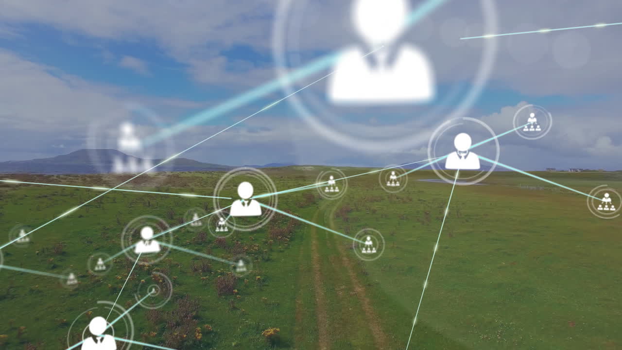 Animation of network of connections with icons over landscape