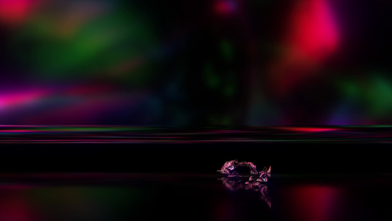 The diamond cube disappears and reappears. Liquid diamond. Pink neon light. Dispersion. 3d animation of seamless loop