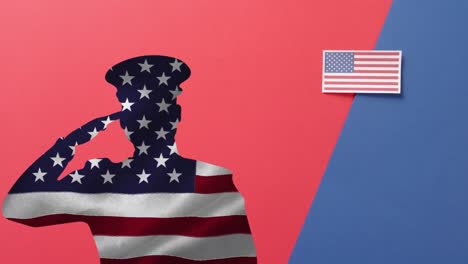 Animation-of-soldier-saluting-and-flag-of-united-states-of-america-on-red-and-blue-background