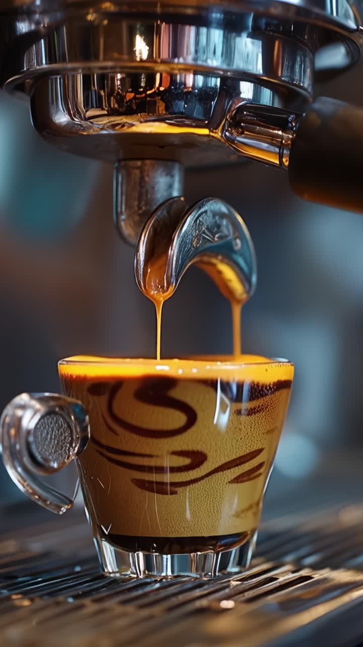 Estrazione artigianale dell'espresso in due inquadrature: il viaggio dal versamento del liquido scuro alla formazione dello strato cremoso in una tazza da caffè di vetro splendidamente realizzata.