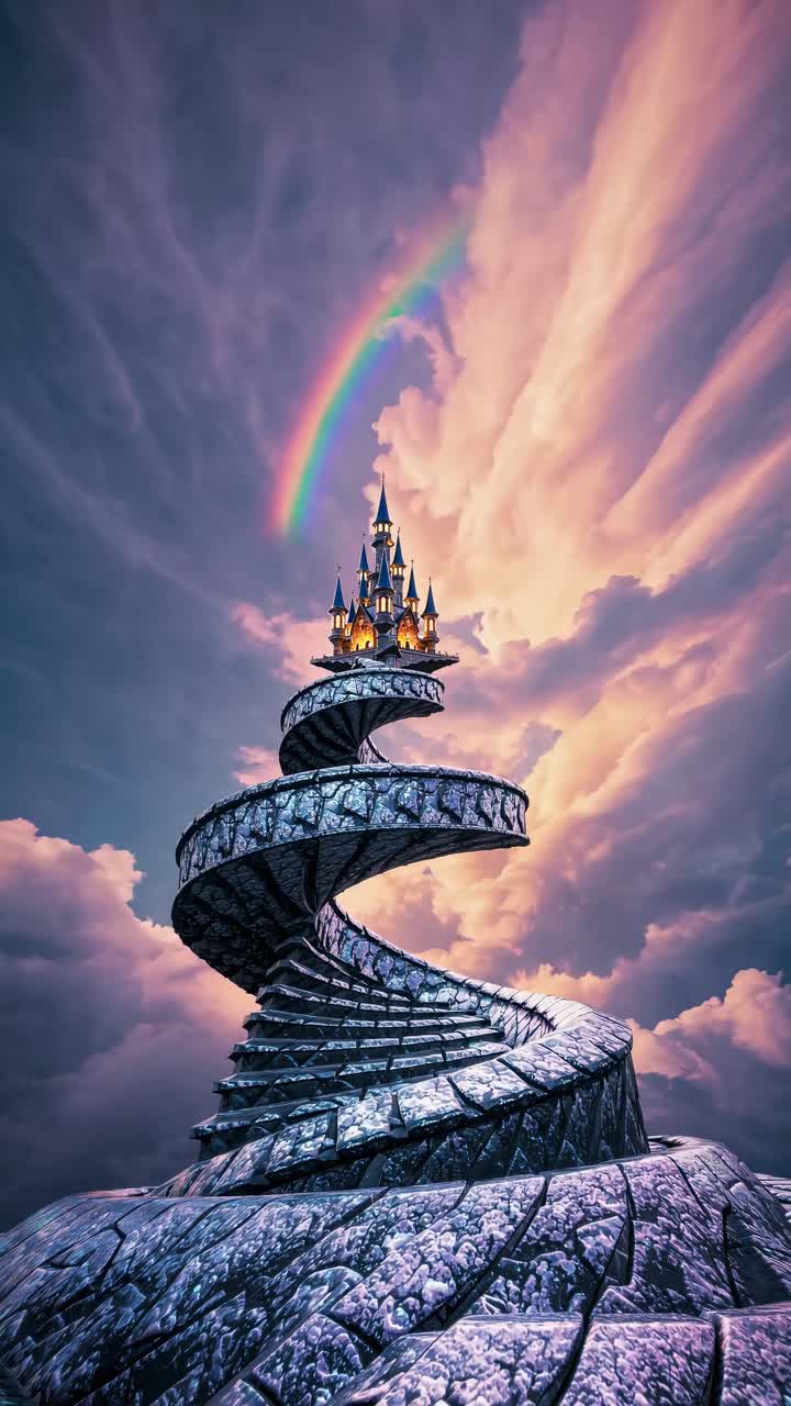A surreal video concept with a low-angle view of a spiral stone staircase leading to a castle