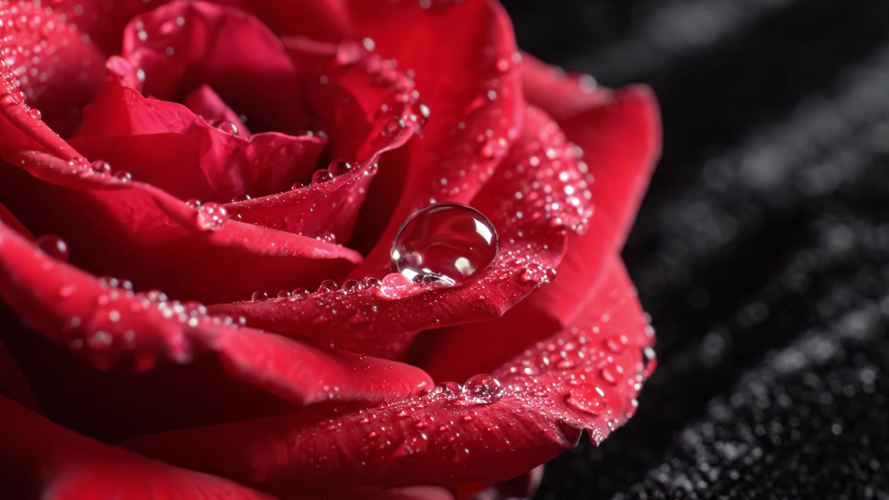 Un Primo Piano Mozzafiato di un Petalo di Rosa Rossa Baciato dalla Rugiada, che Cattura i Dettagli Intricati e il Colore Vibrante su uno Sfondo Scuro