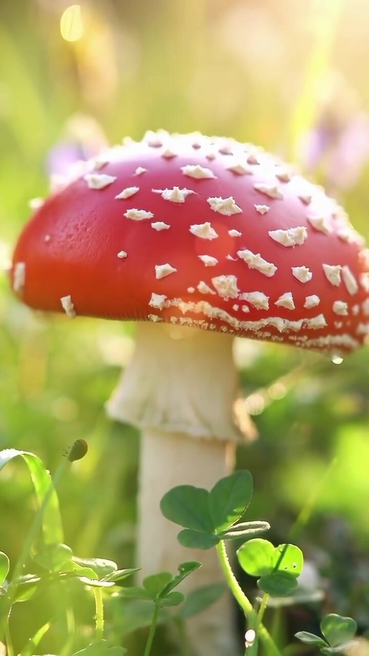 Ladybug Crawling on a Red Amanita Mushroom in a Sunny Meadow