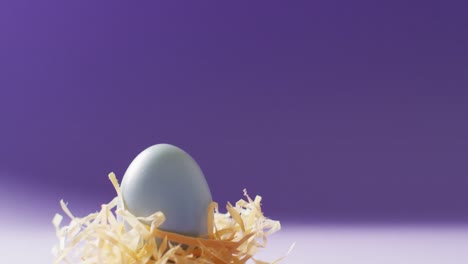 blue easter egg with hay on purple background with copy space