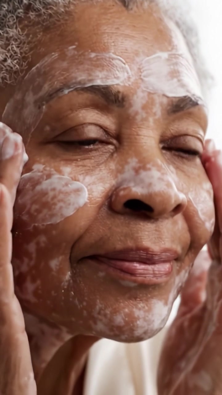 A serene moment of self-care captured in two frames, showcasing an older woman gently cleansing her face with care and attention, emphasizing the importance of skincare routines.