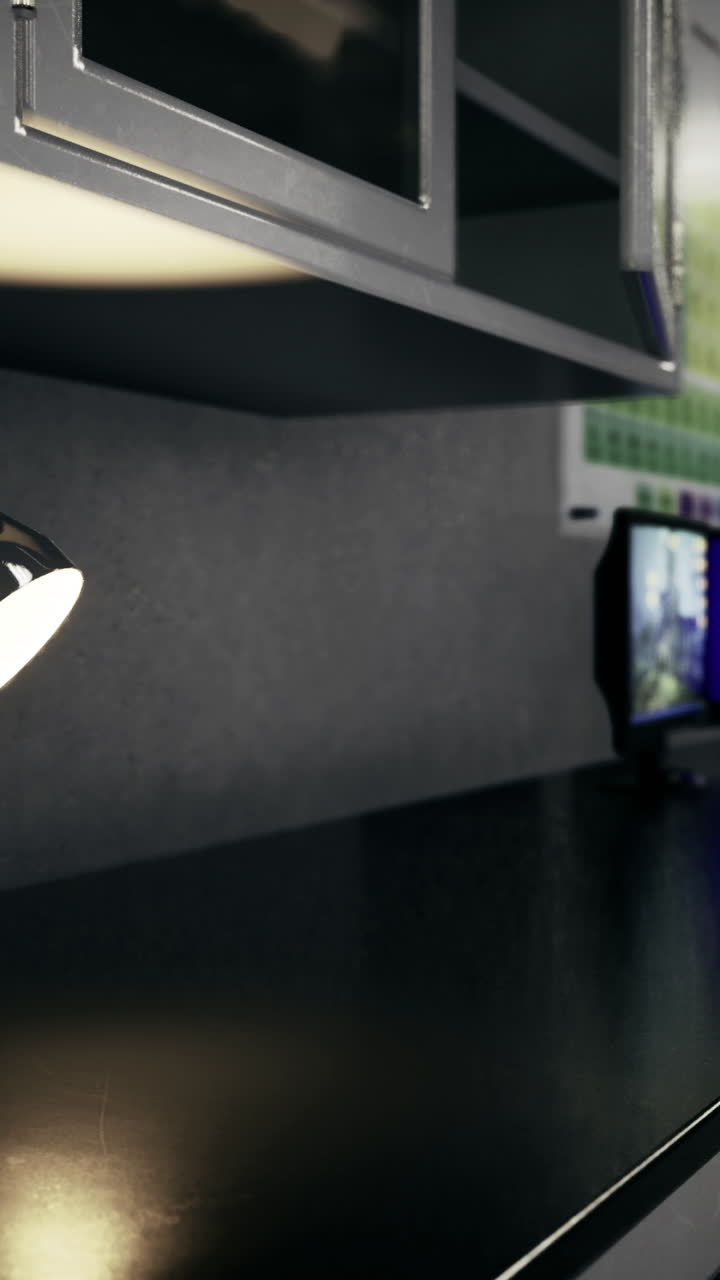 Modern workspace with desk lamp illuminating sleek computer setup