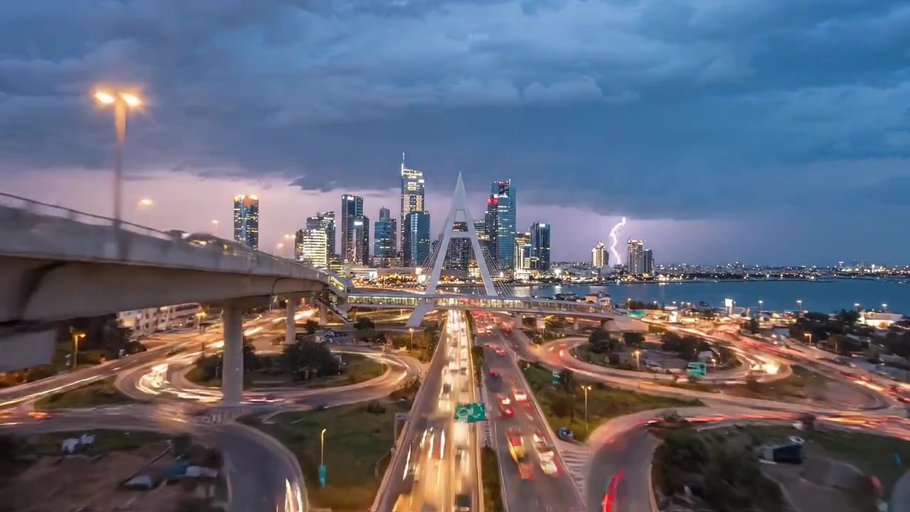 A stunning view showcasing urban architecture, featuring intricate bridges and a vibrant cityscape during twilight, highlighting the blend of nature and urban life.