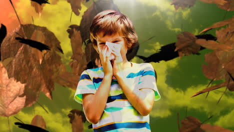 hojas de otoño que caen y un niño estornudando mientras sufre de alergia 4k