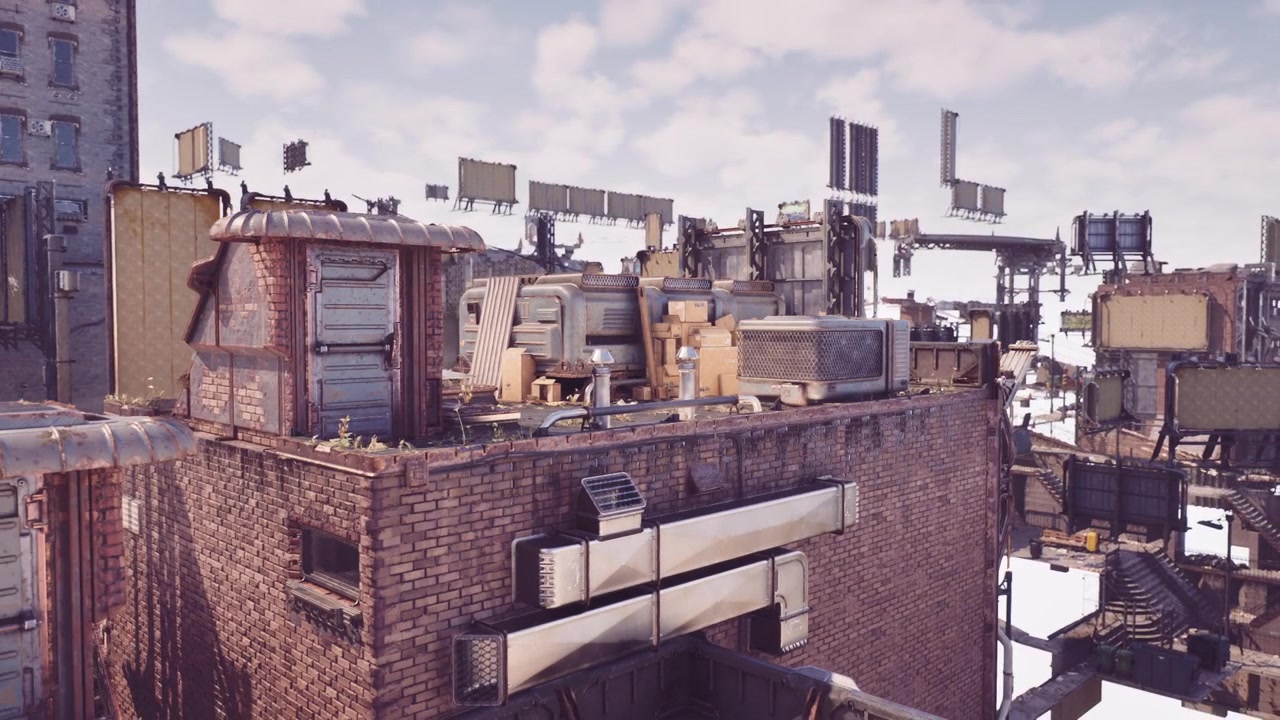 Skyline view of city rooftops showcasing equipment and brick textures