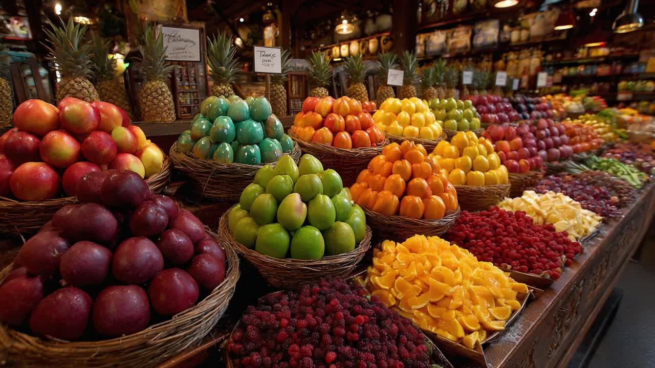 Vivace esposizione di frutta fresca: abbondanza di mele, pere, arance colorate e altro ancora in un mercato locale