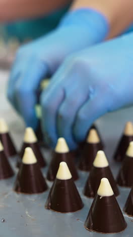 professional confectioner prepairing sweet candies. pastry making cake proccess. vertical video