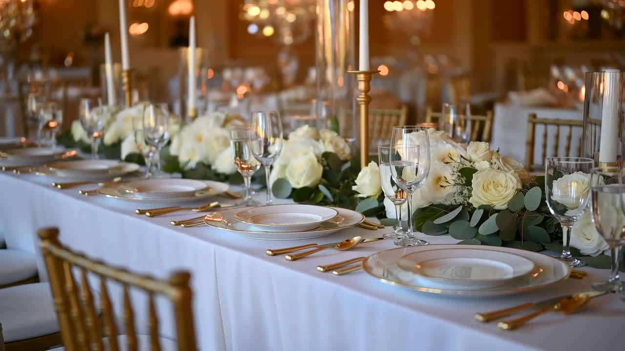 Elegant Wedding or Formal Event Table Setting with White Floral Centerpieces and Gold Accents