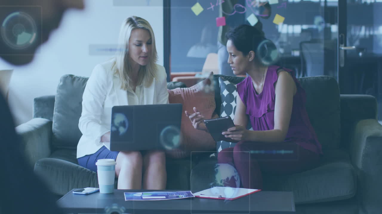 Discussing work, women using laptop and tablet in modern office animation