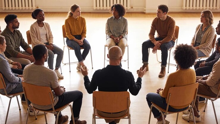 Ledende facilitator gestikulerer opmuntrende til en gruppe i afslappet tøj, der deler i et mødelokale, med stole.