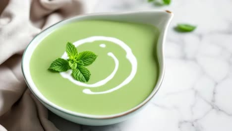 green soup presented in a distinctive bowl, garnished with fresh mint leaves, placed on a marble countertop, showcasing vibrant colors and textures, creating an inviting culinary scene