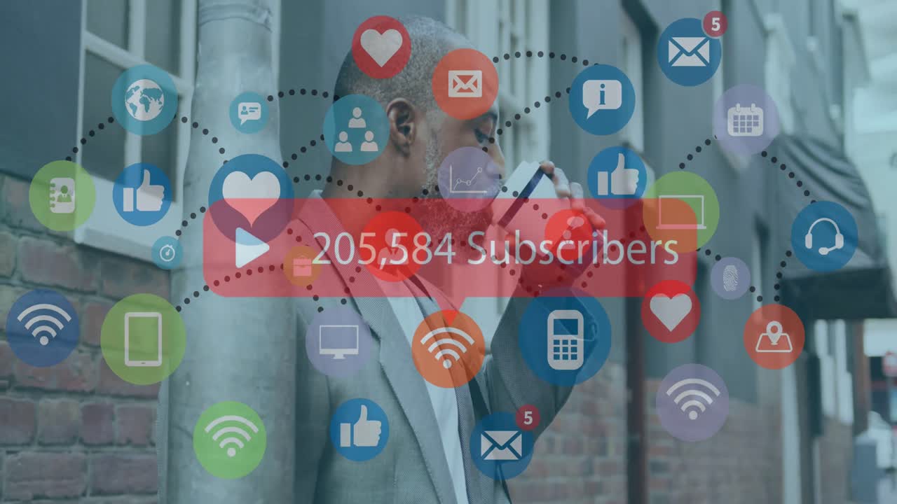 아프리카계 미국인 사업가에 대한 가입자 수와 아이콘의 증가와 함께 가입자의 애니메이션 텍스트