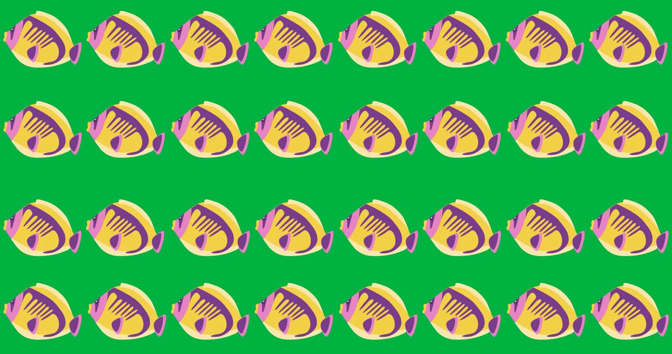 Digital animation of multiple fish icons in seamless pattern against black background