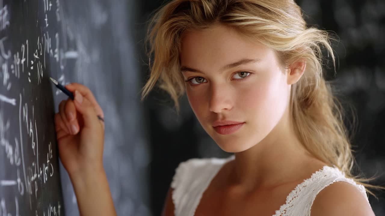 A focused young woman engaged in writing mathematical equations on a chalkboard, demonstrating intelligence and concentration in a scholarly environment