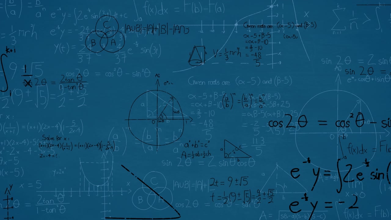 Animation of mathematical equations and diagrams floating against blue background