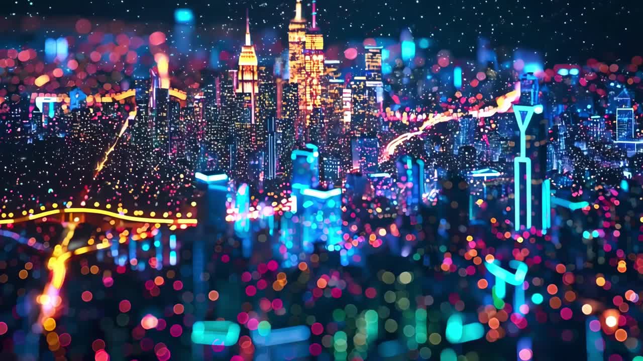 City skyline illuminated by colorful lights during nighttime with a focus on urban life and vibrant culture