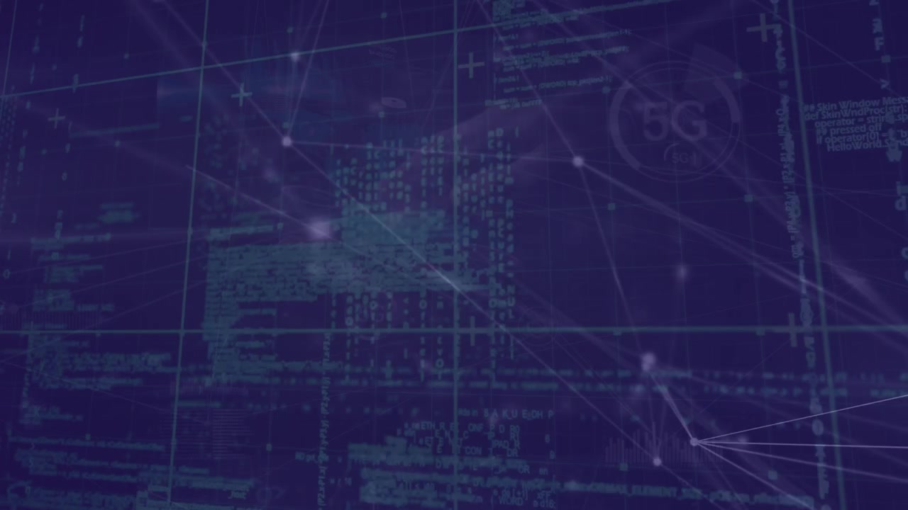 Animation of network of connections and data processing over black background