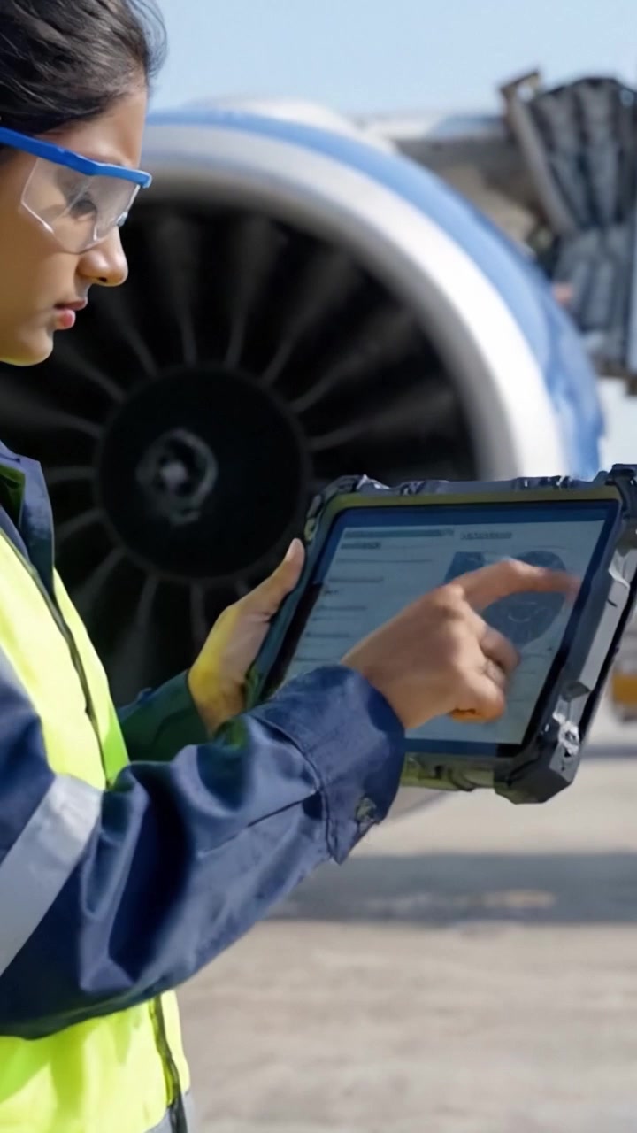 Engenheiro de Aviação Usando Tablet para se Comunicar com a Equipe de Solo Perto de um Motor a Jato, Refletindo a Tecnologia Moderna nas Operações de Viagens Aéreas
