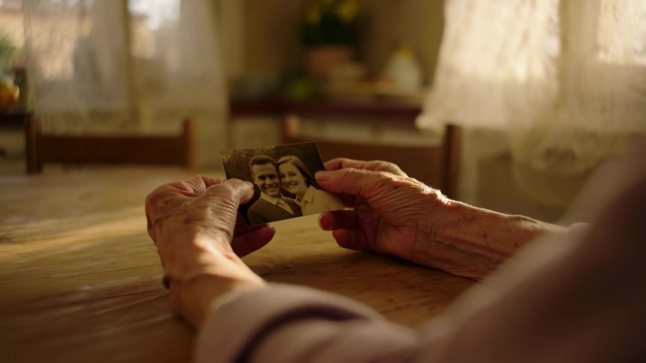 Close view of an older person's wrinkled hands gently holding a small printed picture above a wooden table, with a softly lit home interior blurred in the background and sunlight glowing through curtains