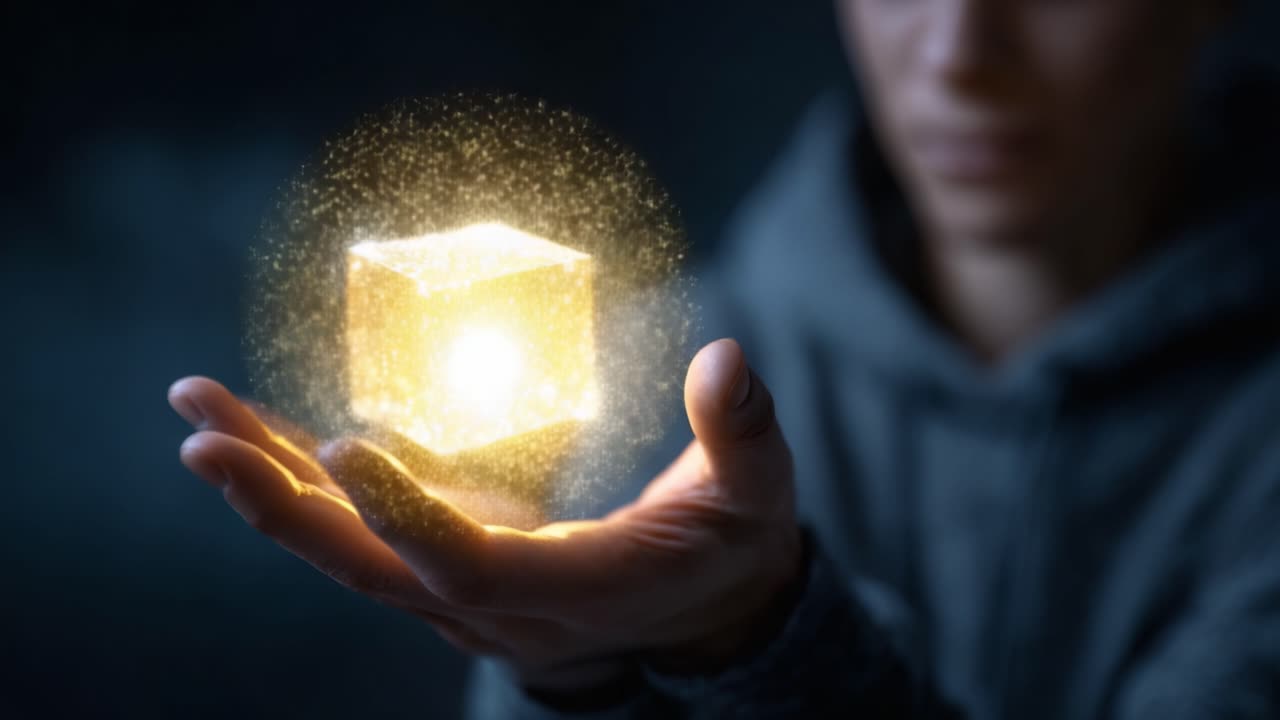 Un misterioso cubo luminoso nelle mani di una figura incappucciata, illuminato da energia scintillante e luce enigmatica in un ambiente scarsamente illuminato
