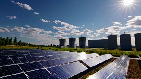 granja solar con planta de energía en el fondo