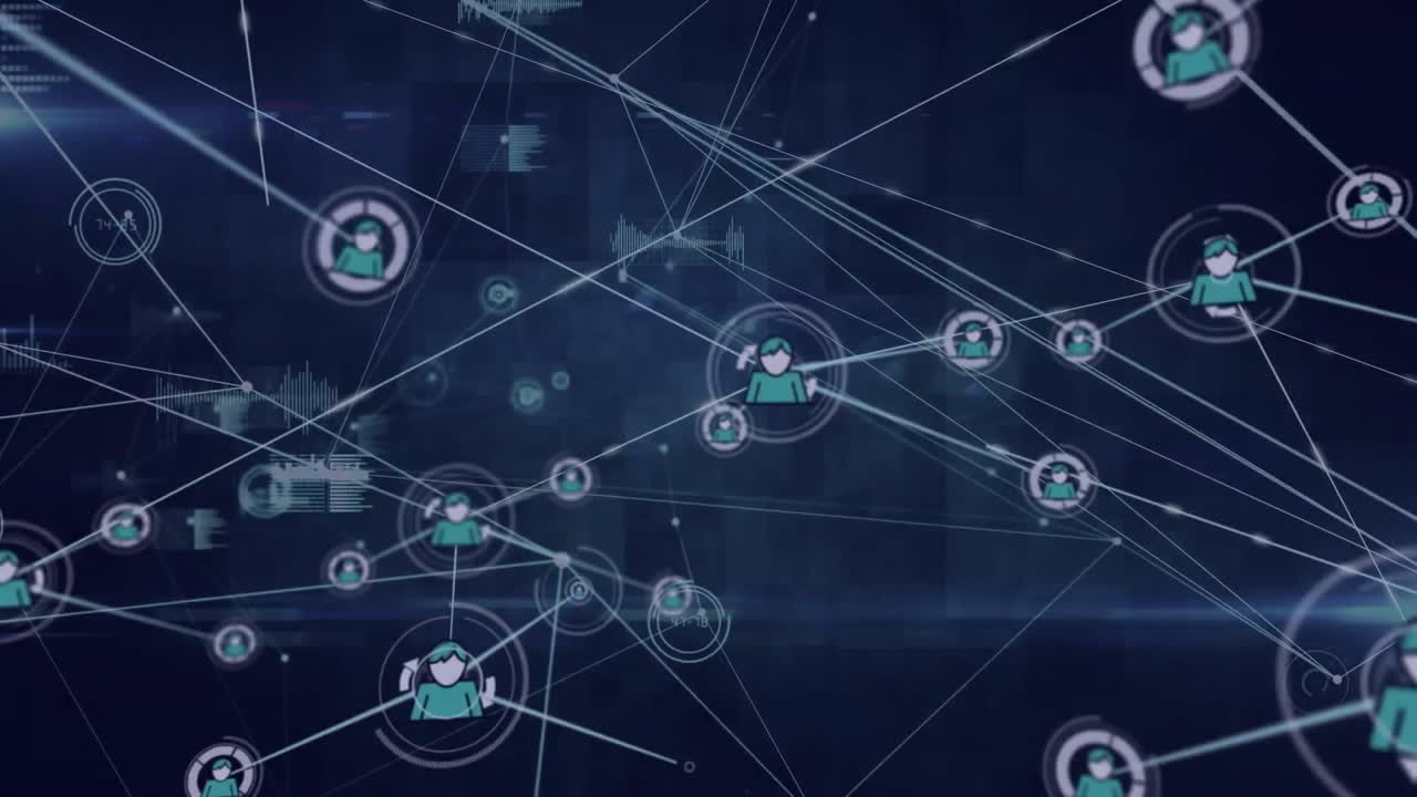Animation of network of connections with icons over data processing
