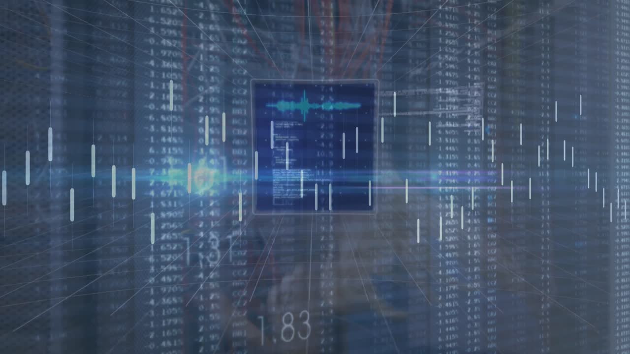 Animation of data processing over dark background