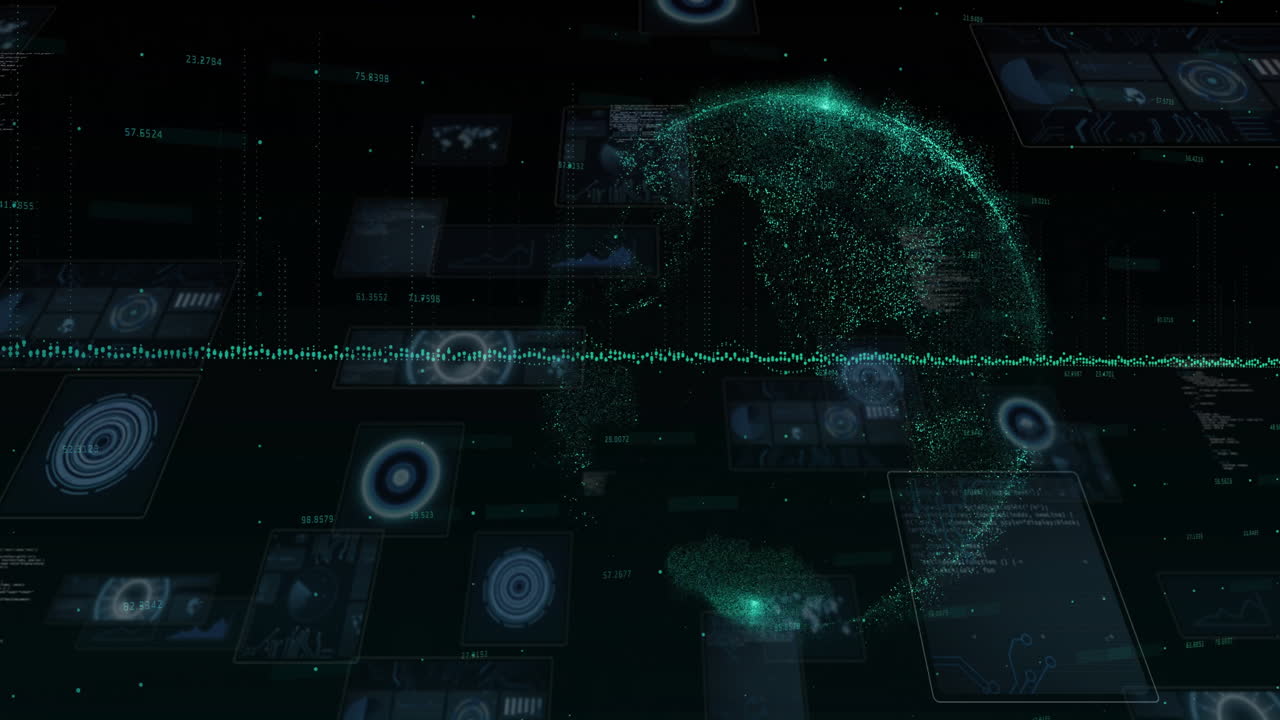 Animation of financial data processing and globe over black background