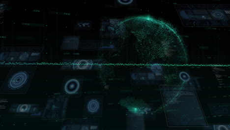 animation of financial data processing and globe over black background