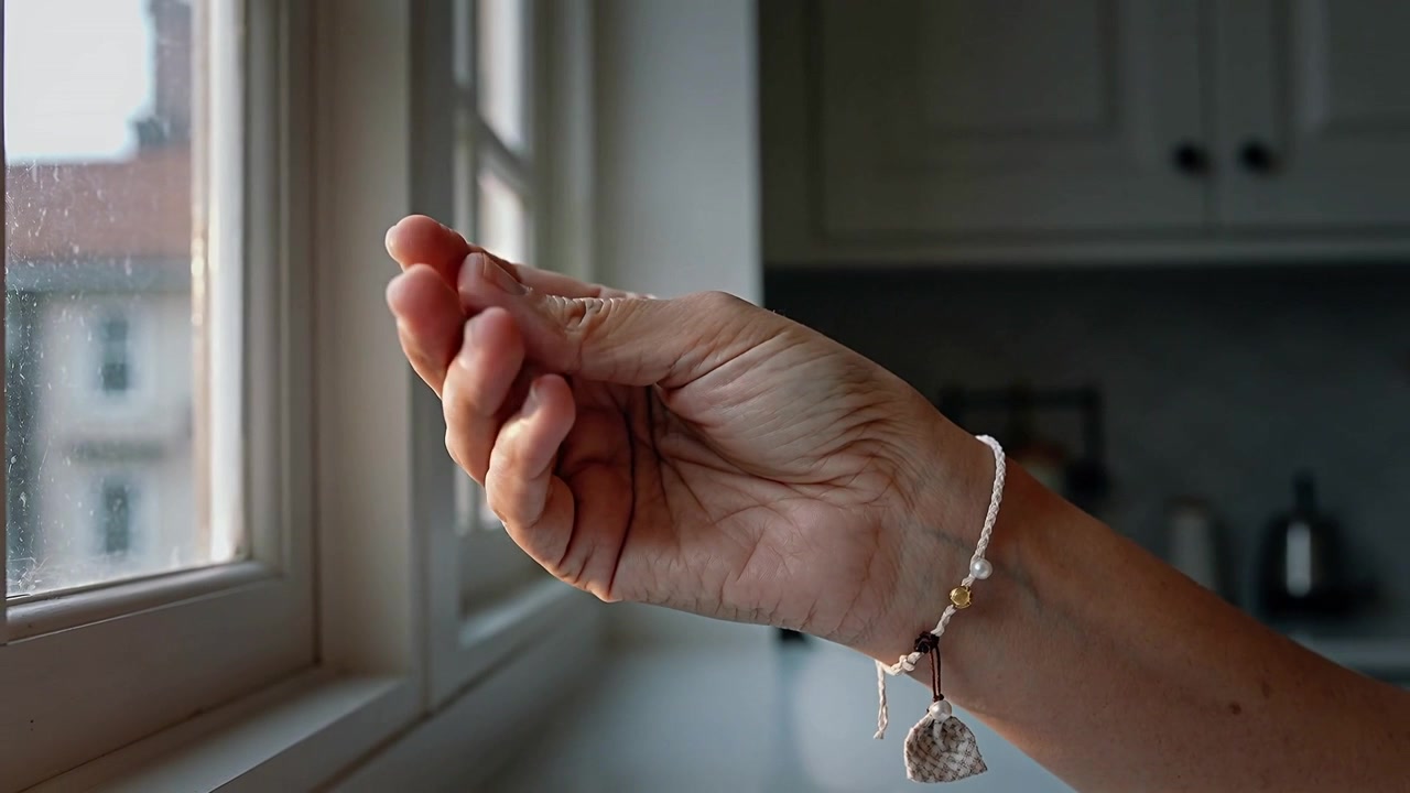 Mano destra che ispeziona una finestra bianca in cucina, la luce rivela delle macchie, un braccialetto si muove.