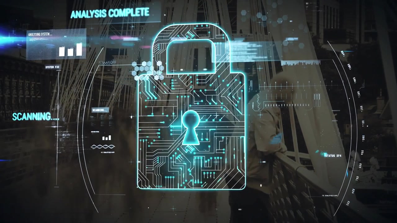 Lock hologram appearing scanning animating graphs analyzing lifting shackle confirming security