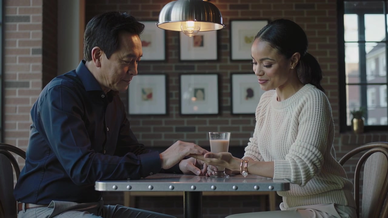 Smiling couple sitting at cafe after smile, man wearing navy shirt placing ring on woman's hand