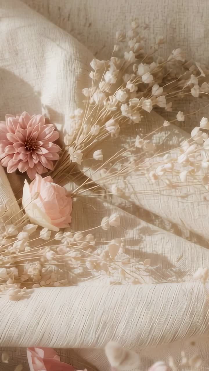 Video verticale: luce solare che si sposta rivelando crisantemo rosa, bocciolo di rosa, fiorellini, su tessuto beige